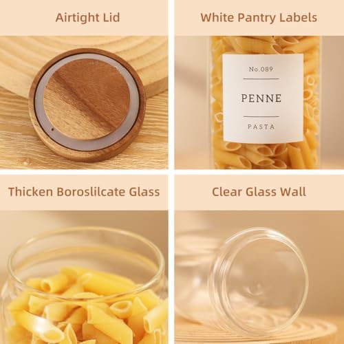 3 Pack Glass Canisters with Airtight Acacia Lids and 132 Kitchen Pantey Labels Preprint - 45 Fl Oz Borosilicate Glass Pantry Storage Jars Containers with Wooden Lids for Tea,Sugar,Cookie,Coffee,Nuts - Image 6