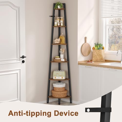 Hoctieon Corner Shelf, 6-Tier Corner Bookshelf, Rustic Ladder Shelf, Industrial Display Stand for Living Room, Kitchen, Home Office, Balcony, Small Space, Metal Frame, Rustic Brown - Image 5