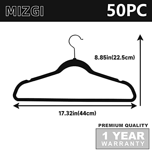 MIZGI Black Velvet Hangers 50 Pack Non Slip Heavy Duty Black Hooks - Image 6