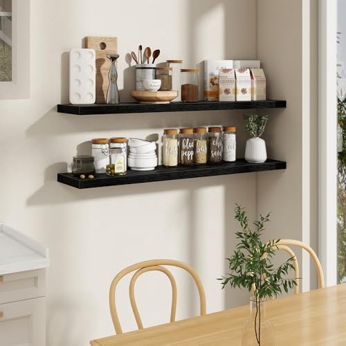 55 Inch Long Floating Shelves for Wall Set of 2, 55x9.3 Large Floating Shelf for Bedroom, Kitchen, Bathroom, Wall Mounted Rustic Wood Shelves with Invisible Bracket for Books, Decor, Black - Image 2
