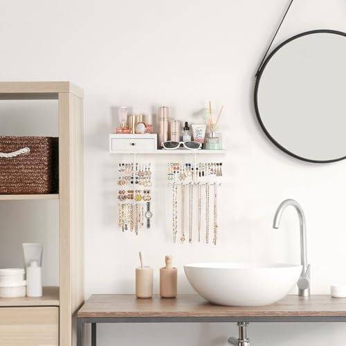 VINAEMO Jewelry Organizer Hanging Wall Mounted Jewelry Holder with Rustic Wood Drawer & Large Capacity Storage Shelf Rack Display for Earrings Rings Necklaces Bracelet(White Iron) - Image 7