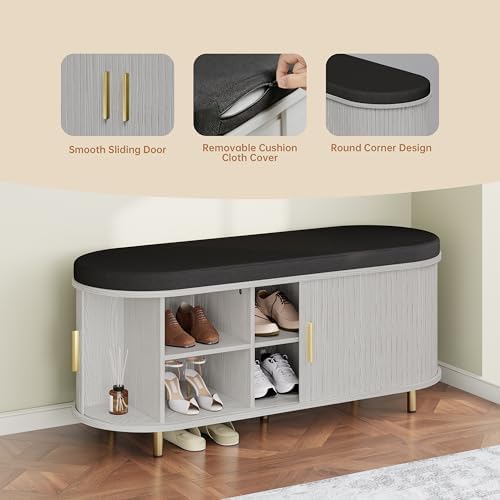 DHH 2-Tier Storage Bench,Wide Shoe Bench with Thickened Padded Seat Cushion, Mid Century Modern Fluted Sliding Door and Adjustable Shelf, for Entryway, Living Room, Bedroom (Grayish White, 43.3“) - Image 7