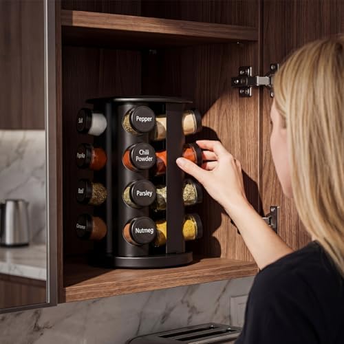 Yungyan Black Rotating Spice Rack with 16 Empty Jars and Labels - Image 4