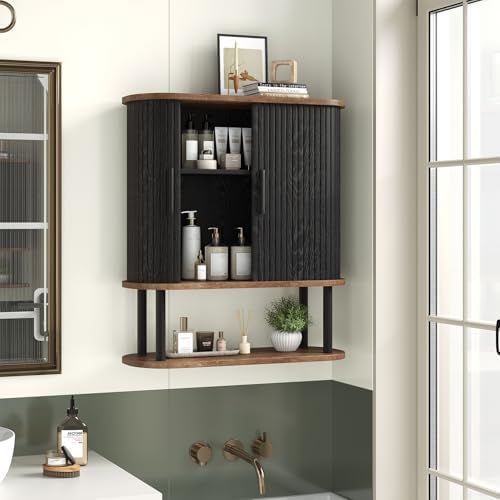 Fluted Bathroom Wall Cabinet with Tambour Sliding Door, Black - Image 4
