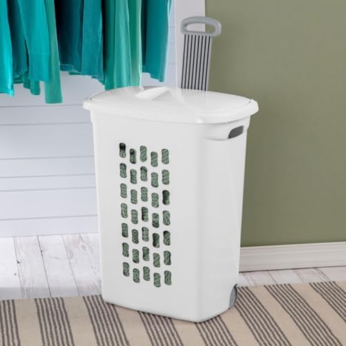 Sterilite 9-Pack Ultra Wheeled Hamper, Laundry Basket w/Flip-Top Lid & Retractable Handle - Plastic Rolling Clothes Storage Cart with Ventilated Holes for Home, Apartment or Dorm - Image 3