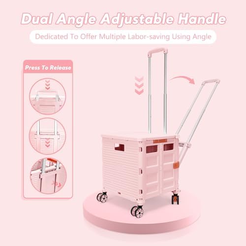 FELICON SELORSS Folding Utility Cart Portable Rolling Crate Handcart-Pink - Image 2