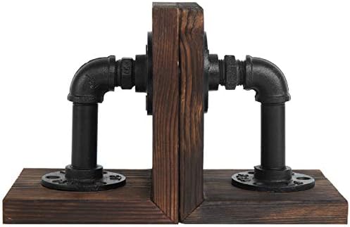 MyGift Burnt Wood Bookends with Metal Industrial Pipe Design, 2 Piece Set - Image 5