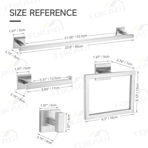 TQKAG Brushed Nickel Bathroom Hardware Accessories Set 10 Pieces, 23.6" SUS304 Stainless Steel Towel Bar Set Wall Mounted Includes Single Towel Bar, Towel Ring, Toilet Paper Holder, Double Towel Hooks - Image 6