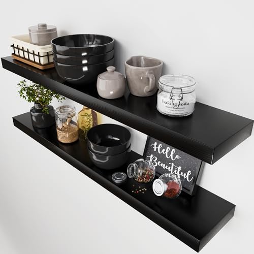 Solid Wood Floating Shelves for Wall 36 Inches Long, Black Wooden Shelf by BAOBABWORKSHOP
