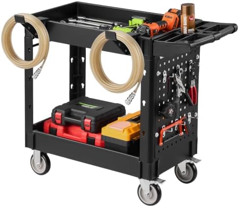 VEVOR Heavy Duty Utility Cart with Tray & Pegboard, 550 LBS 2 Tier Service Cart with 360° Swivel & Fixed Wheels (2 with Brakes), Plastic Rolling Cart, Tool Storage for Garage Warehouse Workshop by VEVOR
