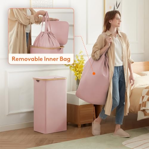 Lifewit 105L Large Laundry Basket with Lid, Removable Bags, Pink - Image 2