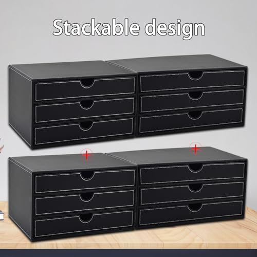 PU Leather Desk Organizer with 3 Drawers,Executive Office Supplies Desktop Filing A4 File Cabinet/Holder for Jewelry/Bill/Paper/Documents/Makeup Home Decor Stationery Storage Box,Black - Image 6