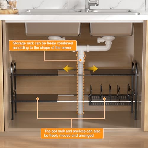 Under Sink Organizer 2 Tier Kitchen Storage Rack, Expandable Pot and Pan Organizer with Adjustable Height & 4 Dividers, Removable Kitchen Shelf for Cabinet, Countertop(6panels,1 Pot rack, Black) - Image 6