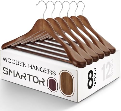 SMARTOR Wooden Suit Hangers for Men 8 Pack, Wide Shoulder Wood Suit Hangers with Non Slip Pant Bar, Wide Hanger for Suits, Coats, Jackets, Walnut by Smartor