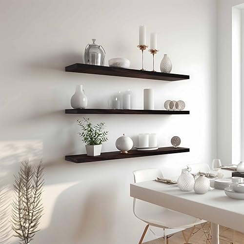 YYWUOJJ Wood Floating Shelves for Wall Decor, Rustic Wall Shelves for Bedroom Bathroom Kitchen Living Room, Set of 4 Walnut 36 Inch - Image 3
