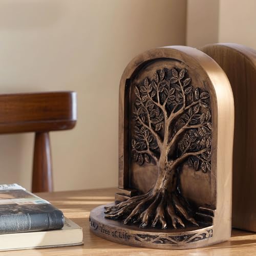 Vintage Bronze Finish Tree of Life Bookends Set, 2 Non-Skid Heavy Bookends for Shelves or Bookcase, Decorative Bookends for Desktop Shelf Decor, Library Office Decor, Home Décor Gift - Image 6