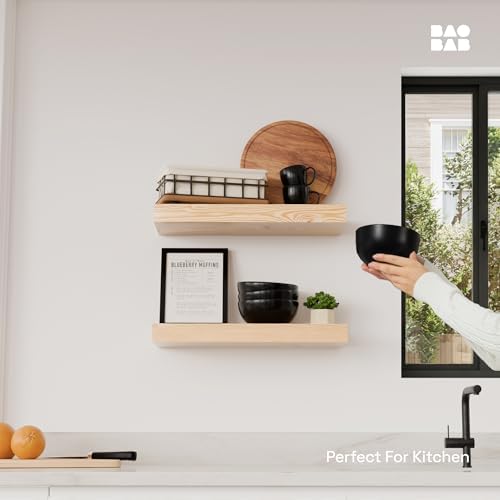 Wood Floating Shelves for Wall 16 inch, Natural Wood, Bathroom Wooden Shelf - Image 2