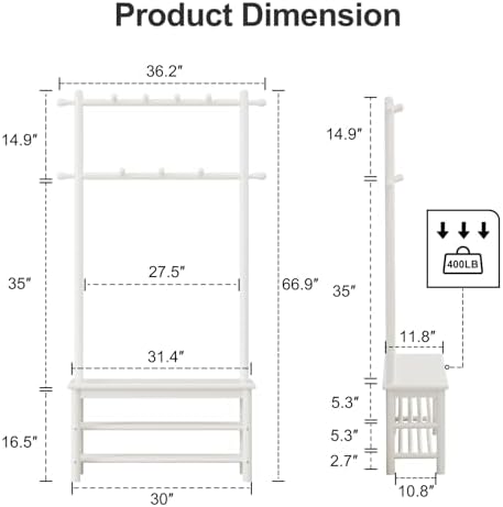 AQIMUELE Coat Rack with Shoe Storage, Wooden Hall Tree with Bench, 11 Hooks and 2-Tier Storage Shelves, 3-in-1, Entryway Bench with Coat Rack (31.5"-White) - Image 2