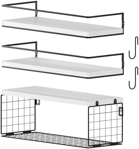 3+3 Wall Mounted White Bathroom Shelf Over Toilet with Toilet Paper Storage Basket & Hooks, Bathroom Organizers and Storage, Hanging Corner Shelf Floating Shelves for Bathroom Wall Room Decor by Unknown