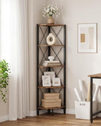 CHOEZON 5-Tier Corner Shelf, Corner Bookcase, 55.2" Tall Vertical Display Rack, Plant Stand, Open Storage Shelf, for Living Room, Bedroom, Study, Kitchen, Rustic Brown and Black TCJ12BF - Image 3