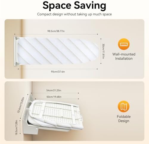 Wall Mounted Ironing Board, 37.4" X7.55" Fold Away 180° Swivel Iron Boards with Removable Silk Cotton Ironing Board Cover, Thickened Support Bar for Home Laundry Room Small Spaces, Space Saving, White - Image 3