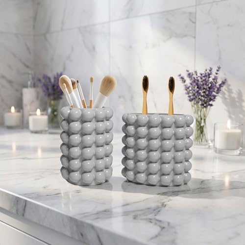 Better Trends 2-Piece Bathroom Accessory Set – Toothbrush Holder & Bubble Textured Tumbler Cup, Unbreakable Plastic Vanity Organizer for Modern Bathroom Countertop Décor Gray Nova Collection by BetterTrends