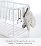 YAMAZAKI Home Two-Tier Adjustable Dish Drainer Rack, Compact Drying Rack with Hooks, Utensils Holder, Steel, Draining Spout, Water Resistant, No Assembly Req. - Image 6