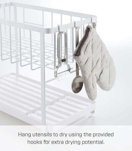 YAMAZAKI Home Two-Tier Adjustable Dish Drainer Rack, Compact Drying Rack with Hooks, Utensils Holder, Steel, Draining Spout, Water Resistant, No Assembly Req. - Image 6