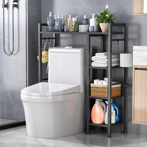 Over The Toilet Storage with Side Rack, 4-Tier Over Toilet Storage Rack with Thick Wood Top Shelf & 3 Small Side Shelves, Freestanding Bathroom Organizer for Bathroom, Laundry, Balcony (Black) by Unknown
