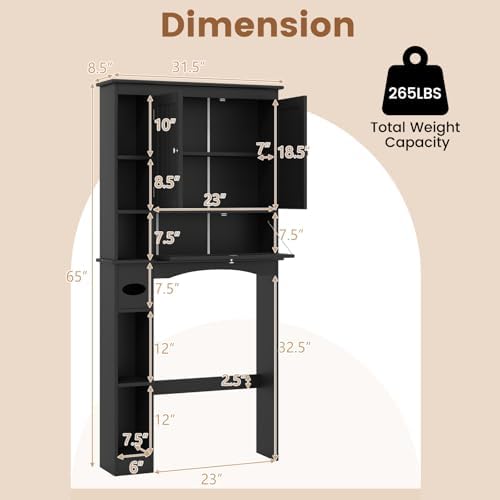 GIANTEX Over The Toilet Storage Cabinet, 31.5''W Freestanding Space Saver with Doors, Adjustable Shelf & Toilet Paper Holder, Over Toilet Bathroom Organizer for Laundry, Restroom, Black - Image 2