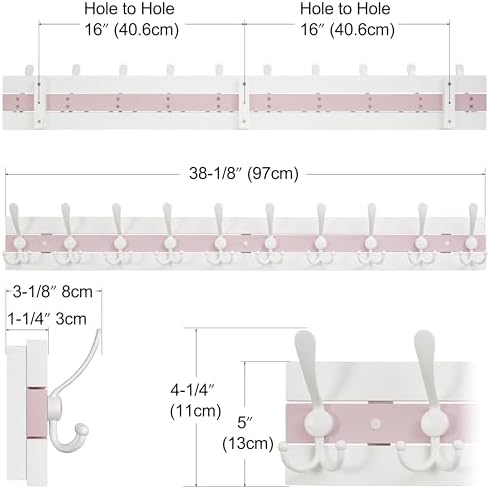 SKOLOO Coastal Coat Rack Wall Mount-38.12" Beach House Entryway Wooden Coat Hook with 10 Hooks for Hanging Coats, Hats or Towels, Oceanfront Cottage Core Collection, White & Palm Beach Pink, Pack of 2 - Image 5