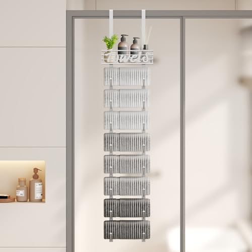 SWTYMIKI Hanging Towel Racks for Bathroom - 9 Tier Over the Door & Wall Mounted Bath Rolled Towel Storage Organizer Holder for Small Bathroom, RV, Camper, White (Patented) - Image 3