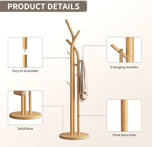 Solid Wood Coat Rack Freestanding Wood Coat Tree Rack with 9 Hooks, Creative Tree-Shaped Design, Standing Coat Rack Clothes Hanger Stand with Sturdy Base for Entryway, Bedroom - Load 150lb (Natural) - Image 3