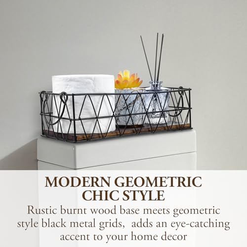 MyGift 2 Piece Wall Mounted Black Geometric Metal Nesting Storage Basket with Rustic Solid Burnt Wood Base, Small Tabletop Decorative Metal Wire Bins with Handles - Image 3