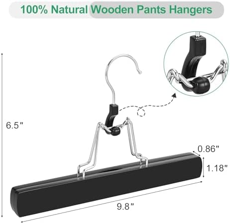 TOPIA HANGER 24 Pack Wooden Pants Hangers, Hair Extension Hangers Non Slip Skirt Hanger Wood Clamp with Velvet Padded 360° Swivel Hook for Jeans, Skirts, Trousers, Wigs Black CT68B - Image 3