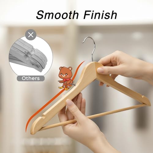 HOUSE DAY Slim Wooden Hangers 30 Pack, Solid Wood Hanger with Non Slip Shoulder Notches & Pant Bar, Smooth Finish Wood Clothes Hangers for Shirts, Suits, Jackets, Natural - Image 5