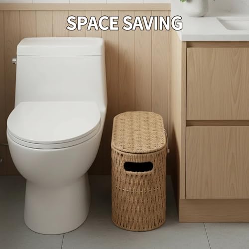 Coeusy Toilet Paper Storage Basket with Lid, Paper Rope Wicker Basket for Bathroom Organizers and Storage, Toilet Paper Holder for Up to 6 Mega Rolls, Boho Hand-Woven Decorative Decor, Natural - Image 6