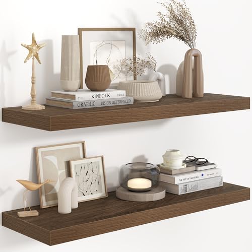 36 Inch Long Floating Shelves for Wall, 9.3 Inch Deep Floating Shelf with Heavy-Duty Bracket, 2 Pack Long Shelves for Bathroom, Living Room, Bedroom, Wall Mounted Storage Shelf for Books Decor, Walnut by FunMemories