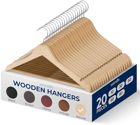 SereneLife 20 Pack Wooden Coat Hangers – Durable Suit Hangers with 360° Swivel Hook & Notches – Slim Design for Shirts, Jackets, Dresses, and More by SereneLife