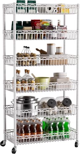 Golpart Basket Shelves Closet Rack with Wheels Metal Pantry Wire Shelf Unit by Golpart