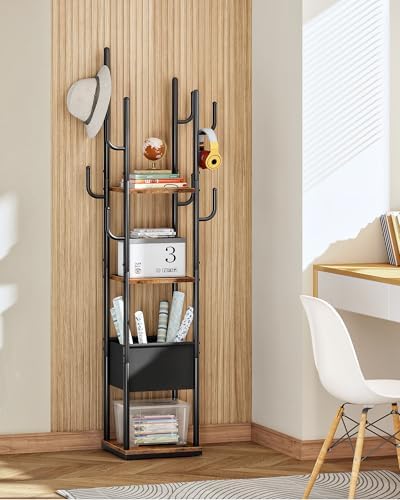 CHOEZON Coat Rack Freestanding, Coat Rack with 3 Shelves, 8 Hooks and 1 Fabric Pouch, Square Coat Hanger Stand, Metal Clothes Tree for Living Room, Bedroom, Entryway, Rustic Brown and Black TYM03BF - Image 4
