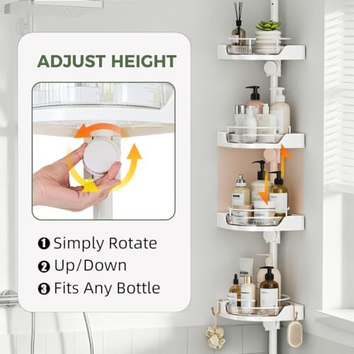 360°Rotating Corner Shower Caddy Organizer Tension Pole,White - Image 3