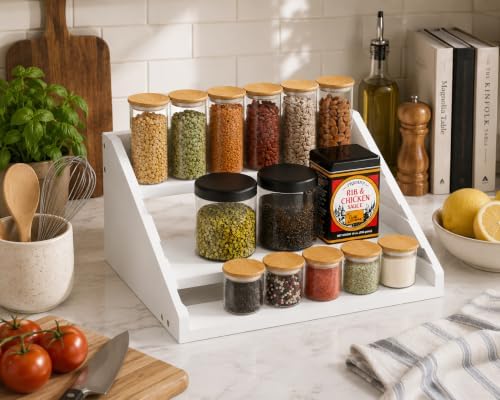 Solid Wood Spice Rack Organizer for Countertop & Cabinet, 4 Tier Adjustable Wooden Spice Shelf with Sliding Track, Premium Step Seasoning Bottle Holder for Kitchen, Cupboard, Pantry & Office, White - Image 6