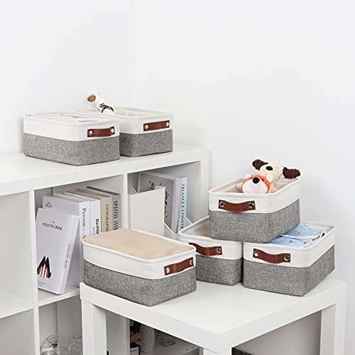 DULLEMELO Small Storage Baskets 6 Pack, Fabric Collapsible Gift Storage Baskets for Shelves, Closets, Nursery, Home, Office Organizing,Small Canvas Linen Rectangular Storage Bins (6-Pack, White&Grey) - Image 5
