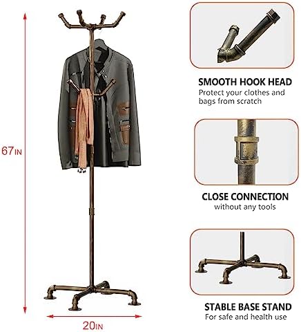 Industrial Coat Rack, Metal Pipe Coat Rack Stand Freestanding with 6 Hooks, Heavy Duty Coat Tree Sturdy Coat Racks for Entryway, Hallway, Bedroom (Vintage gold) - Image 6