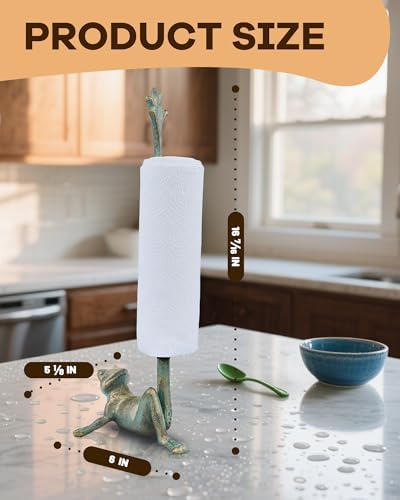 16.5" Golden-Green Frog Paper Towel Holder for Bathroom & Kitchen - Whimsical Cast Iron Free Standing Paper Roll Holder, Decorative Toilet Paper Stand with Weighted Base - Image 2