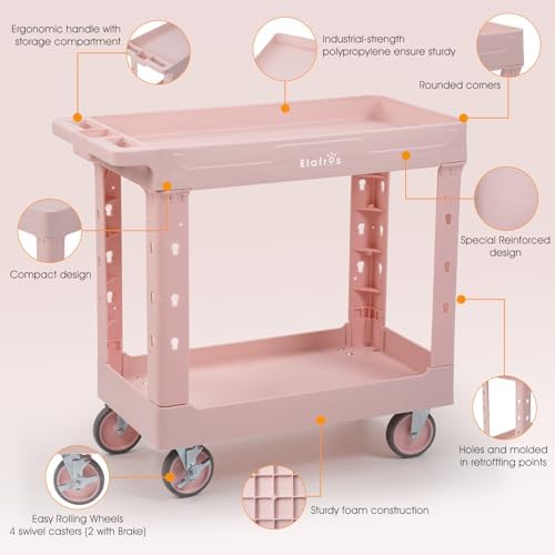 ELAFROS 2-Tier Rolling Storage Cart, 34 x 17 in, Sakura Pink - Image 3