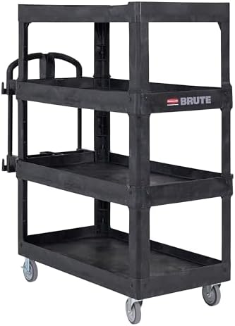 New Rubbermaid Commercial Products 4-Shelf Utility/Service Quad Cart, Heavy Duty Large, Lipped Shelf, Ergonomic Handle, 700 lbs. Capacity, for Warehouse/Garage/Cleaning/Manufacturing (2128657) Black by RubbermaidCommercialProducts