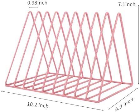 EASEPRES Vinyl Record Holder Storage, 9 Slot Metal Magazine Book Album Display Rack, Stylish Triangle Desktop File Sorter Organizer for Home Office, Pink Pack of 2 - Image 2