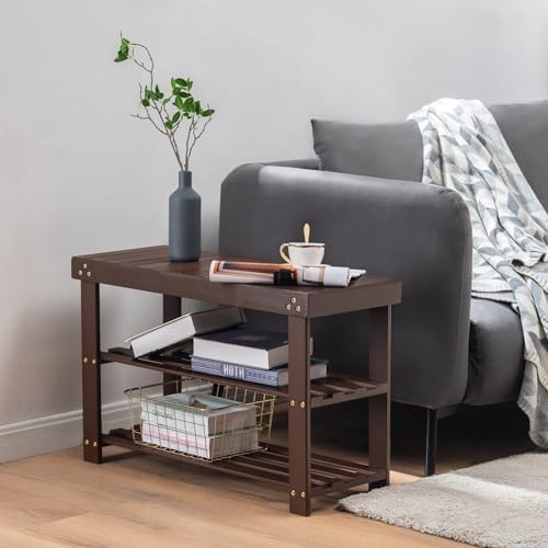 Apicizon Bamboo Shoe Rack Bench, 3-Tier Entryway Organizer, Brown - Image 4